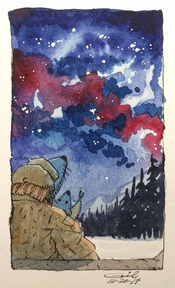 Father and son observe the night sky.